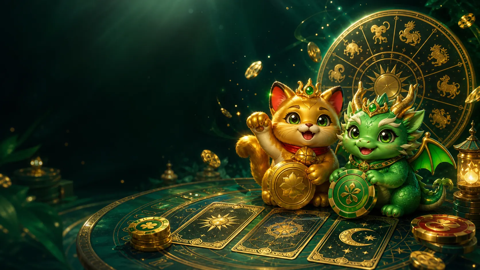 Golden lucky fox and jade dragon at a celestial table with a zodiac wheel, tarot cards, and gold coins